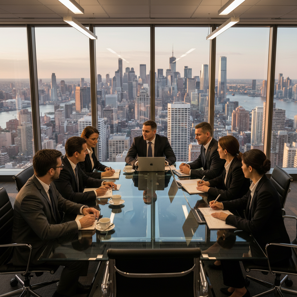 Business executives and managers engaged in a strategic discussion around a conference table in a modern corporate office